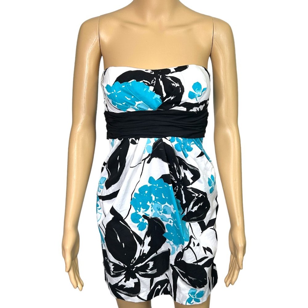 Speechless Womens Juniors 3 White Black Teal Floral Strapless Tieback Mini Dress